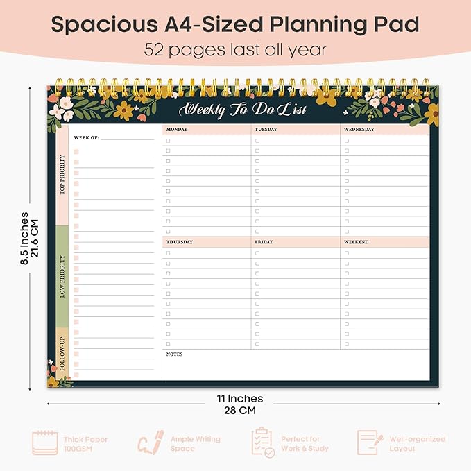 Taja Weekly To Do List Notepad with 52 Undated Sheets（8.5"×11"）- Weekly Desk Planner for Women & Man, Work and Home - 1 Pack Rustic Floral