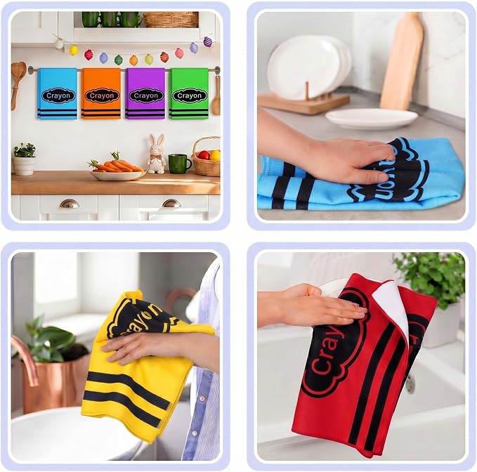 Frienda 6 Pcs Back to School Teacher Gift Kitchen Dish Towels 16x24'' First Day of School Classroom Decor Crayon Pencil Composition Notebook Decorative Hand Towel for Classroom Party Favor (Crayon)
