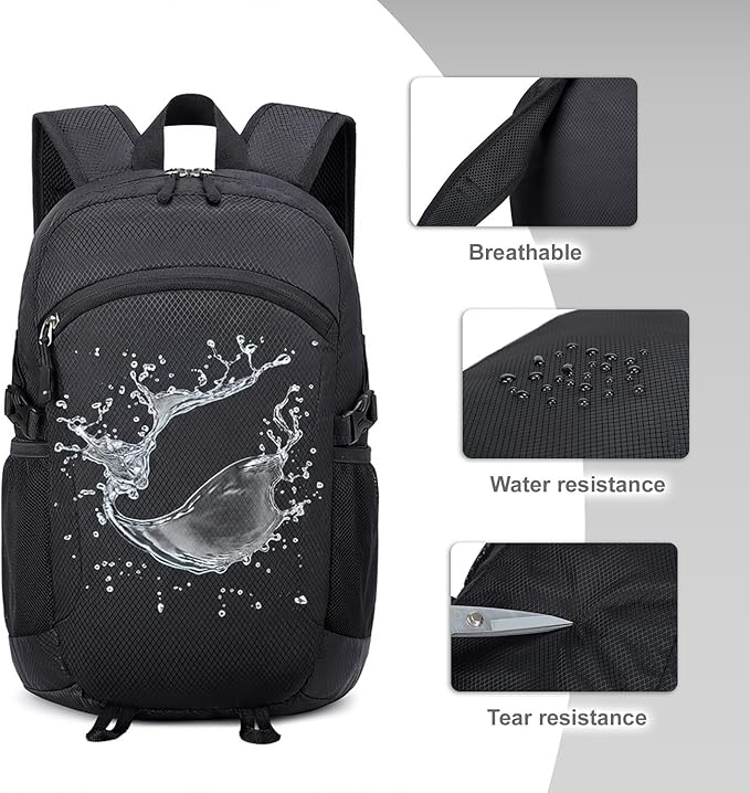Lightweight Hiking Backpack 18L Packable Foldable Small Daypack Collapsible Travel Bag Water-Resistant for Women Men (Black)
