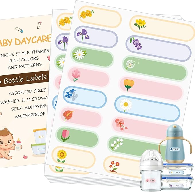 480Pcs Baby Bottle Labels for Daycare, Waterproof Name Labels for Kids Daycare Essentials Self-Laminating for Nursery and Preschool (Flowers)