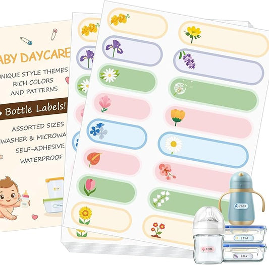 480Pcs Baby Bottle Labels for Daycare, Waterproof Name Labels for Kids Daycare Essentials Self-Laminating for Nursery and Preschool (Flowers)