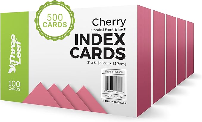 THREE LEAF 3 X 5, INDEX CARDS UNRULED, 500 CT. (100 x 5) CHERRY, Blank Flash Cards, Study Card, Memo Pad, For To-Do List, Art And Craft Projects