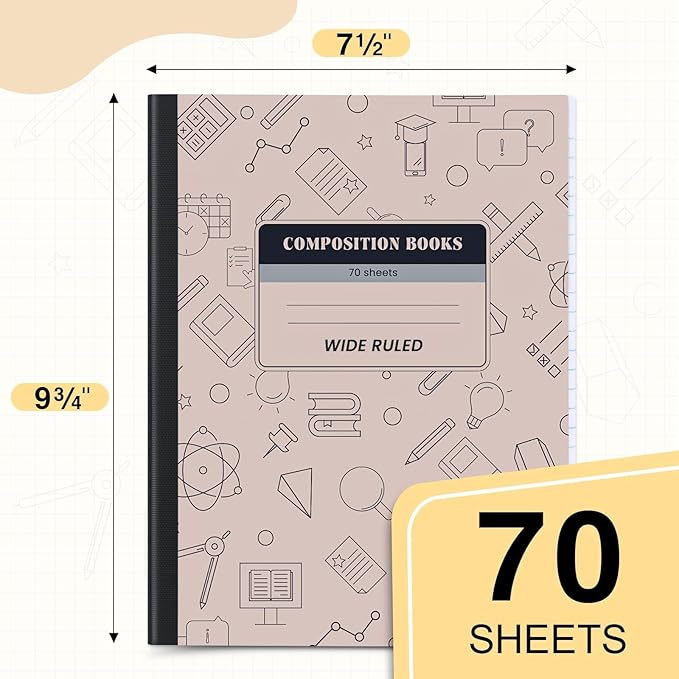 Oucaru Composition Notebook 6 Pack Wide Ruled, Brown Cover Notebooks for School, 70 Sheets 7-1/2"x9-3/4, Back to School Supplies Journal for K-12 Students