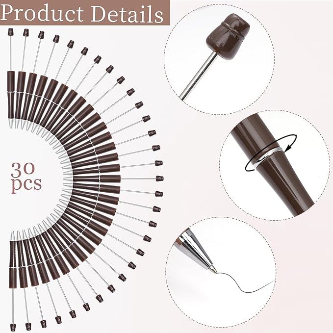 jiebor 30Pcs Beadable Pens Plastic Bead Ballpoint DIY Cute Cool Pens Black Ink for Women Men Bridal Graduation Gift Office Supplies Dark Brown
