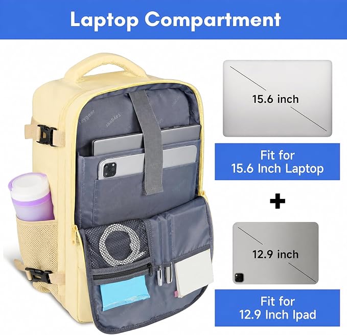 Taygeer 35L Personal Item Travel Backpack for Women, Carry on Backpack | Airline Approved Travel Bag, Laptop Bag with Water Bottle Pocket & Shoe Pouch, Mochila for College Weekender, Beige Yellow