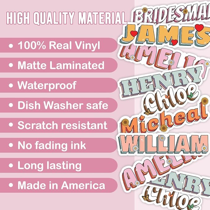 TAYTA (6pcs) Customized Name Stickers Sheet - Personalized Text, Waterproof | Custom Vinyl Name Label Decals, UV-Resistant, Suitable for Water Bottles, Cups, Tumblers, Helmets, Laptops, Cars, Doors - 5in