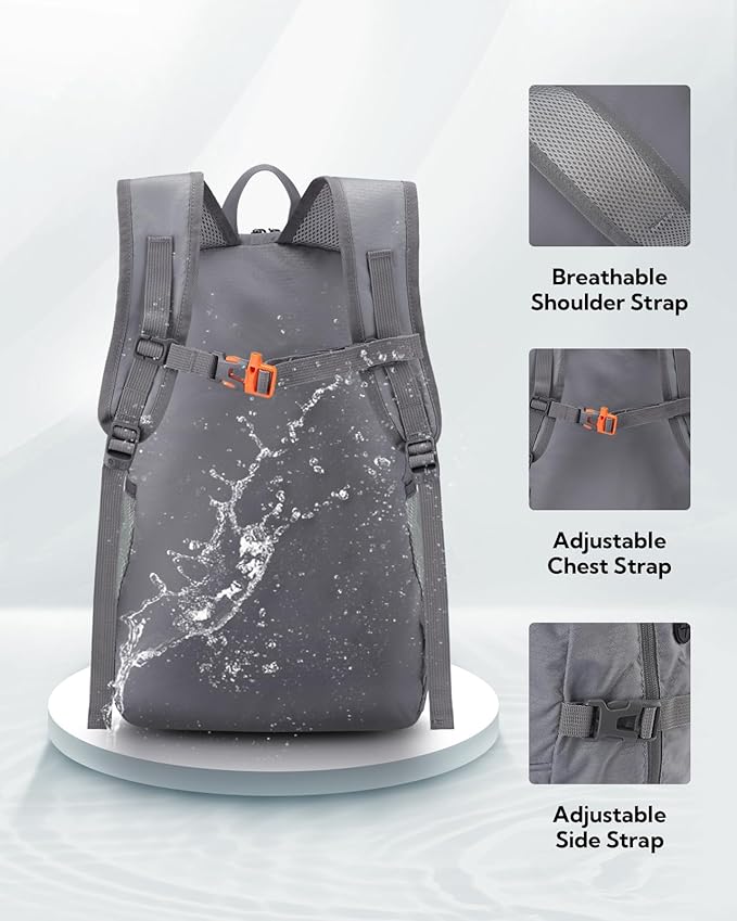 WATERFLY Hiking Packable Daypack Backpack: 25L Ultra Lightweight Day Pack for Women Men - Small Compact Folding Back Pack for Outdoor Sport Cycling Camping Travel Trip - Gray