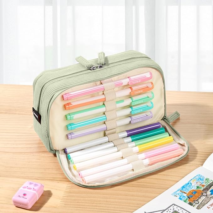 Sooez Big Capacity Pencil Case Pen Pouch, Soft Corduroy Pencil Bag with 3 Compartment, Multiple Pockets, Sturdy Zipper, Cute School Supplies Pen Bag Organizer For Teen Girls College, Green