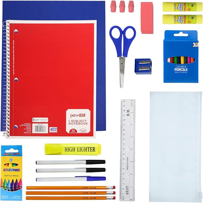 34 Piece Bulk School Supplies Kit for K-12 - Essential Box of School Supplies for Elementary, Middle, and High School Students - Pens, Pencils, Crayons