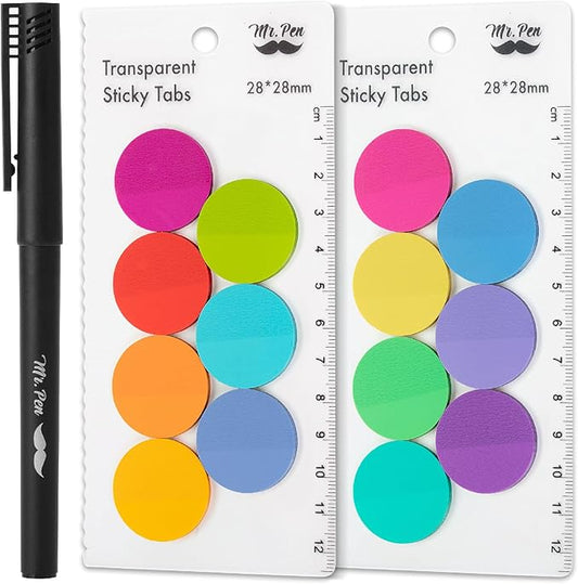 Mr. Pen- Round Transparent Sticky Notes, 1.1” Diameter, 14 Pads, 560 Sheets, Colorful, Water-Resistant See-Through Sticky Notes & Fineliner, Smooth Writing, Note Tabs for Bible Journaling, Studying