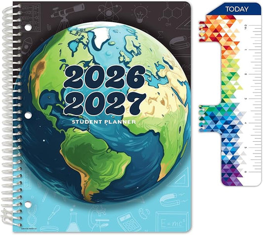 Global Datebooks 2026-2027 Elementary Student Planner 8.5" x 11" - Dated Weekly & Monthly Academic Planner with Ruler/Bookmark & Stickers, Ideal for Homework, Matrix Style, Earth