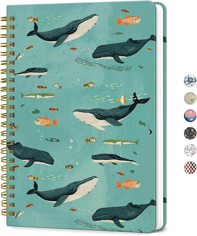 ZOTIA Lined Spiral Journal for Women, A5 Cute Hardcover College Ruled Notebook for Work, School & Note Taking, Aesthetic Writing Journal, 140 Pages (5.8" x 8.3"), Depths Whale