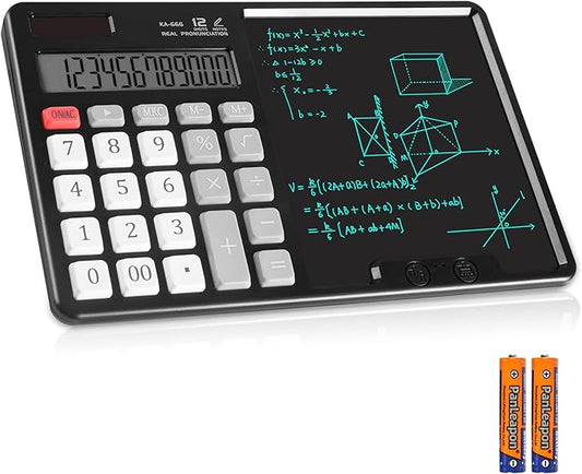 Calculator with Writing Pad - Solar & Battery Dual Power Supply - 12-Digit Large Display Calculator for Business and Office Use (HY-666S)