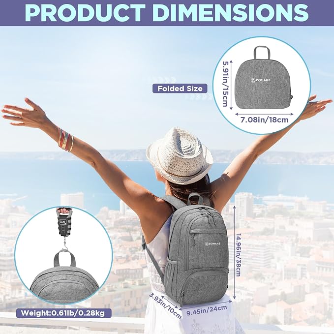 ZOMAKE Lightweight Packable Backpack, 20L Small Foldable Daypack for Hiking | Water Resistant Collapsible Backpacks for Women Men, Everyday Carry, Multi Compartment Storage, Adjustable Strap(Grey B2)