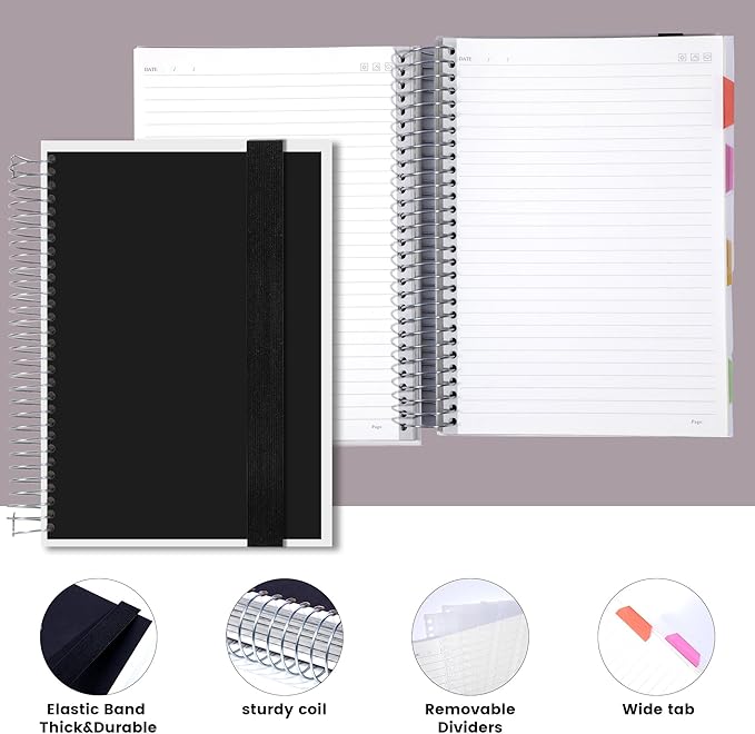 Yoment 5 Subject Notebook College Ruled, 300 Pages Spiral Notebook with Removable Divider Tabs，Hardcover 8 x 10 Inches College Ruled Journal 1 Inner Pocket for School College Work Office Home,Black