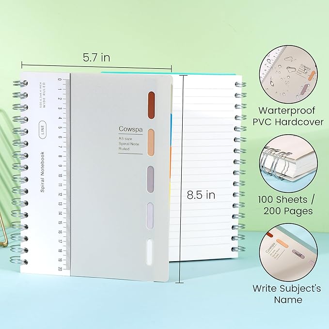 Yoment 2 Pack 5 Subject Notebook Wide Ruled Spiral Notebooks 5x7 with Removable Dividers Tabs, 200 Pages Small Notebooks for Work A5 Spiral Bound Journal for School Office, Blue&White