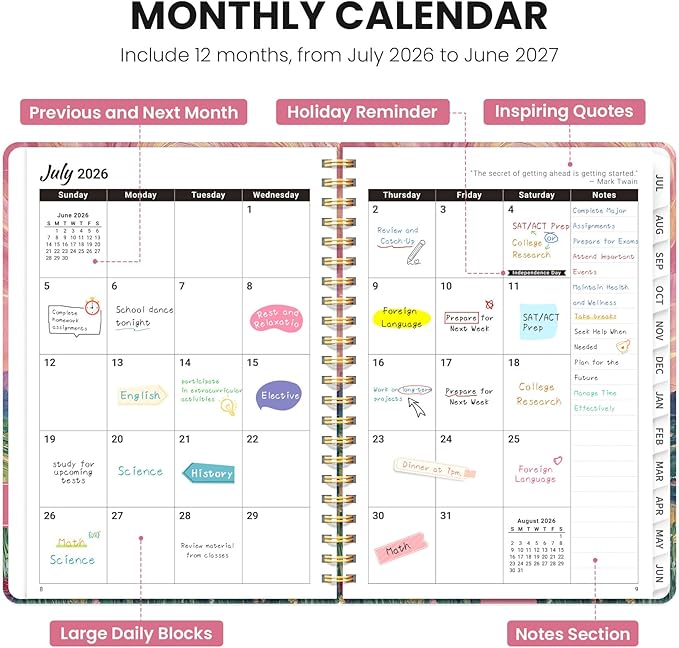 Planner 2026-2027, Monthly and Weekly Academic Planner July 2026 - June 2027, Hardcover Student Teacher Planning Agenda Calendar Book with Tabs, Perfect for Office School Supplies, A5 (6.3" x 8.5") - Whirling Skies