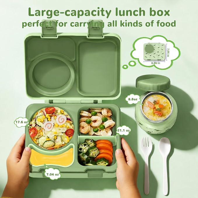 Kids Insulated Lunch Box with 8OZ Thermo Food Jar | Leakproof Bento Box with Ice Pack Sauce Cup Utensils Removable Tray & Dividers for School Daycare Travel, Dinosaurs