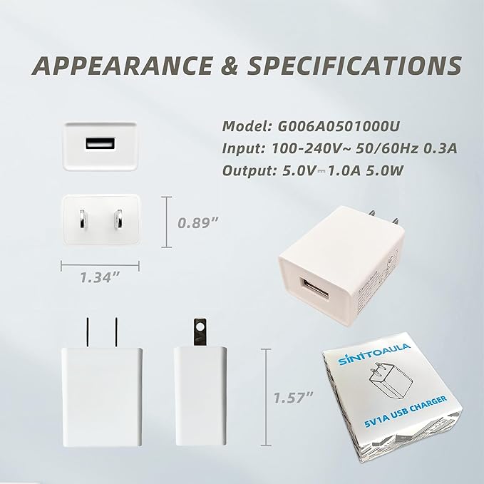 UL Listed USB Wall Charger Block (5W, White, 2pcs), 5V 1A Power Adapter for Outlet, Plug for Cell Phones, Tablets, Earphones, Power Banks, Smart Wearables, Toys and More Electronic Gadgets