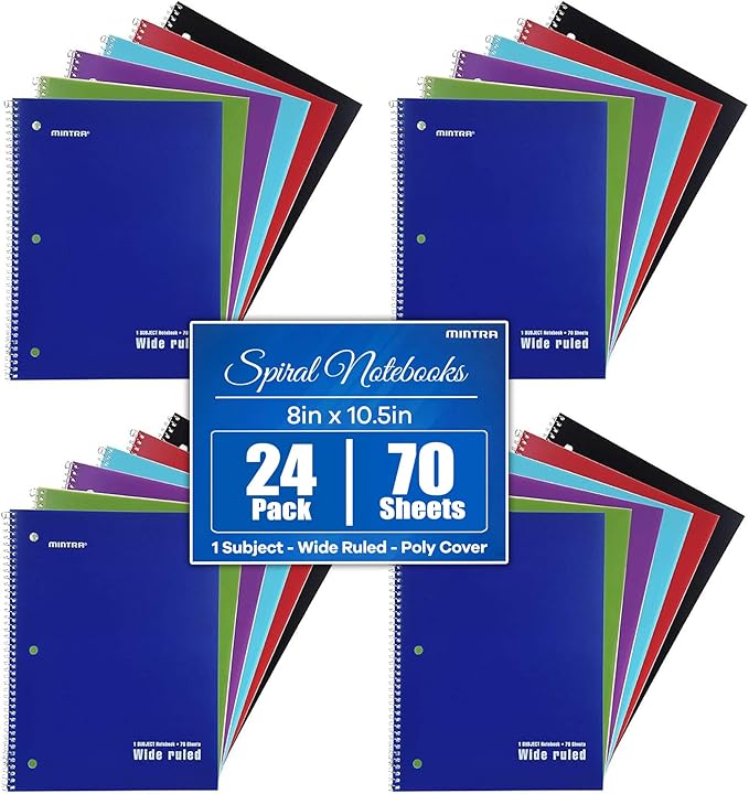 Mintra Office Spiral Notebooks, Wirebound, Journals for School, Work, Business, Aesthetic Stationery, Writing Pads, Teacher & Student Supplies (24, Solid Color-Poly Cover, Wide)