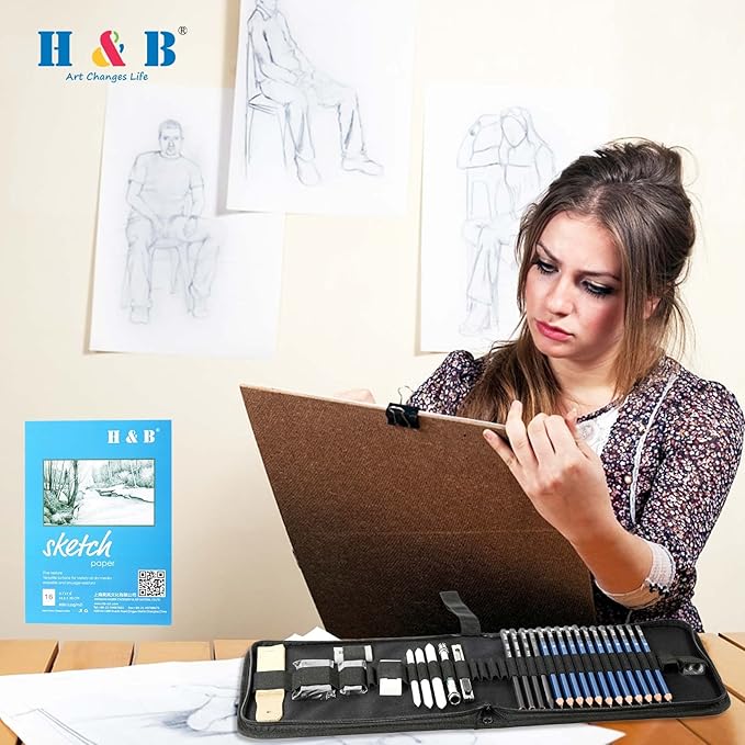 H & B 33 Pieces Drawing Pencils Set, Sketching Pencils Set & Drawing Kit, Includes Sketch Pad, Graphite Pencils, Charcoal Sticks and Eraser, Supplies for Artists/Beginner/Adults