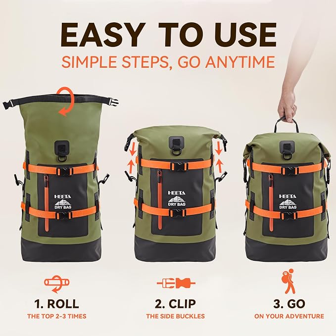 HEETA Dry Bags Waterproof Backpack 40L for Men & Women, Roll Top Heavy Duty | Cushioned Hiking Backpack, for Kayaking Boating Paddle Boarding Fishing Travel Camping Beach Vacation Cruise Ship Essentials