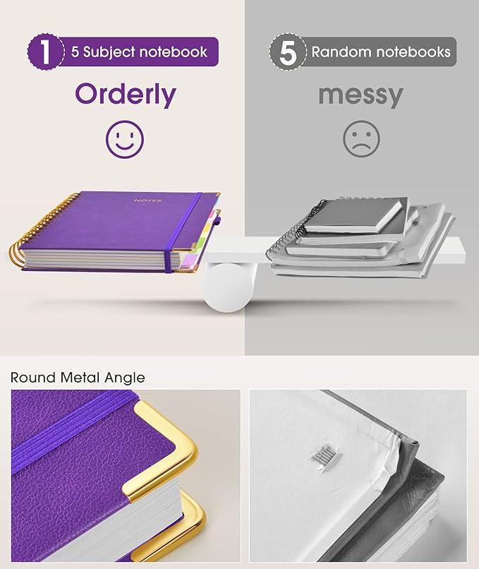 Hardcover Spiral Notebook 8.5"x11" Journal with Removable Dividers Tabs, 300 Pages Leather 5 Subject Notebook College Ruled, Large Notebooks for Work School, Lined Journal for Women, A4 Dark Purple