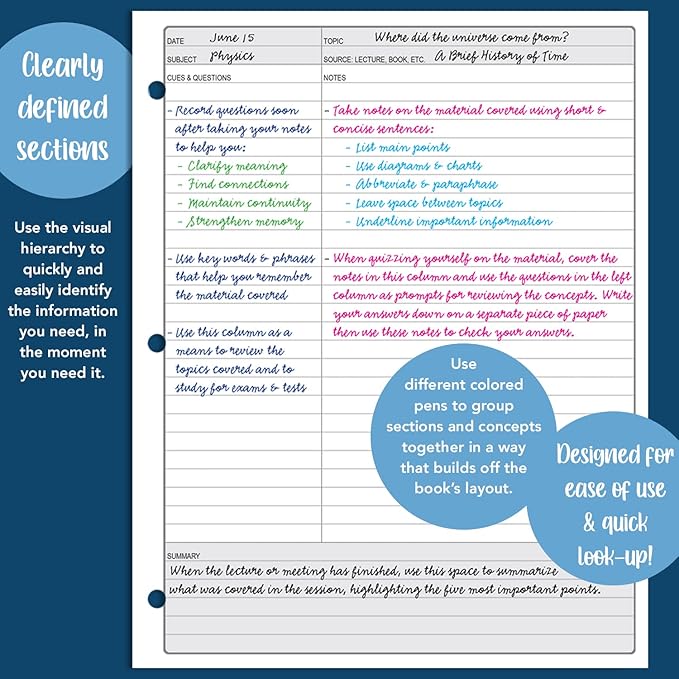 BookFactory Universal Note Taking System (Cornell Notes) / 3 NoteTaking Pads - 3 Pads, 50 Pages, 8 1/2'' x 11'' - Notepad (Made in USA)
