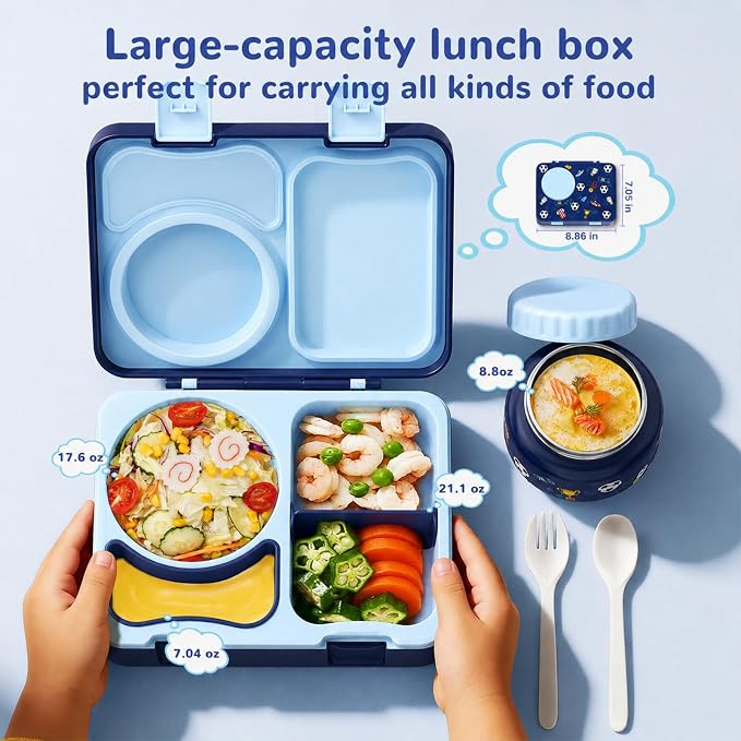Kids Insulated Lunch Box with 8OZ Thermo Food Jar | Leakproof Bento Box with Ice Pack Sauce Cup Utensils Removable Tray & Dividers for School Daycare Travel, Football