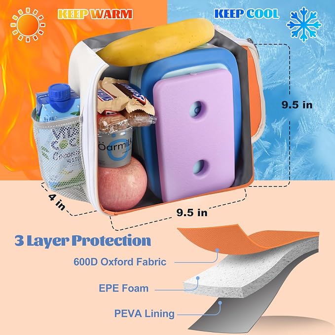 CaCTOUR Lunch Box Kids,Fun Color Lunch Box for Girls,Large Soft Cooler Lunch Bag for Kids,Back to School Thermal Insulated Lunch Tote Bag for School Daycare Outdoor (Orange Beige)