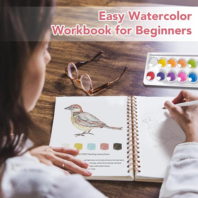 Easy Watercolor Workbook for Beginners - 12 Beautiful Step-by-Step Paintings Water Coloring Book, Includes 16 Colors Paints, Relaxing Art Projects and Creative Gift for Adults & Teen (Birds)