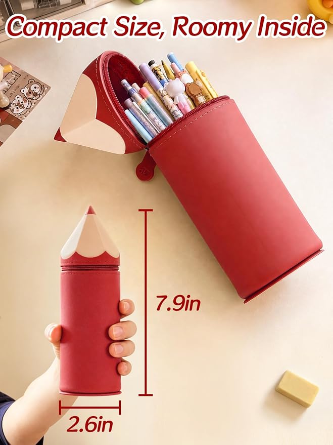 PAMASE Standing 2-in-1 Pencil Case & Pen Holder for Girls Boys, Red | Cute Soft Silicone Pencil Pouch Bag, with Zipper and Pull-Out Base, for Kids School Supplies