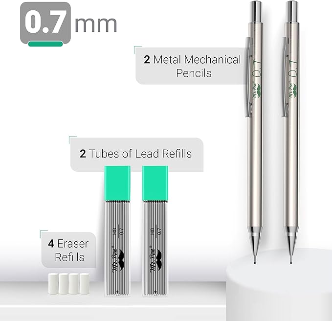 Mr. Pen- Metal Mechanical Pencil Set with Lead Refills & Erasers, 2 Pack, 0.7mm, 4x Tubes HB Lead Refill, 4x Eraser Refills for School Supplies, Note Taking, Drawing, Sketching, Office