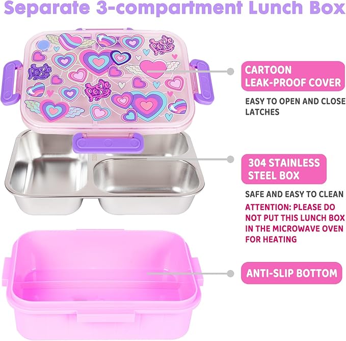 Stainless Steel Bento Lunch Box for Kids, 800ml/27oz BPA-Free Leak-Proof Food Containers with 3 Compartments, Freezer & Dishwasher Safe, Back to School Students Lunches Size for Ages 3-7