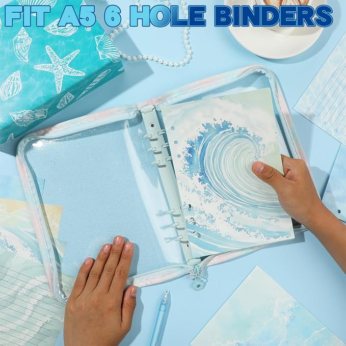 100 Sheets Ocean Waves A5 Planner Inserts - 120GSM Thick Blue Sea Refill Paper for A5 6-Ring Binder, Watercolor 6 Hole Loose Leaf Sheets for Journal Diary Notebook Budget Creative Planning