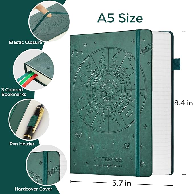 FOCUS DAY Hardcover Notebook Journal, A5 Lined Daily Journal College Ruled Notebook for Women Men, 320 Pages Thick Writing Journal Notebook for School Work, Dark Green Leather Notebook, 5.7'' X 8.4''