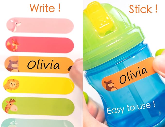 Baby Bottle & Daycare Name Labels, Self-Laminating Waterproof Stickers for Kids Stuff, Dishwasher Safe Write-On Name Tags for School & Home, Assorted Sizes & Colors, Pack of 64 (Animal Friends)
