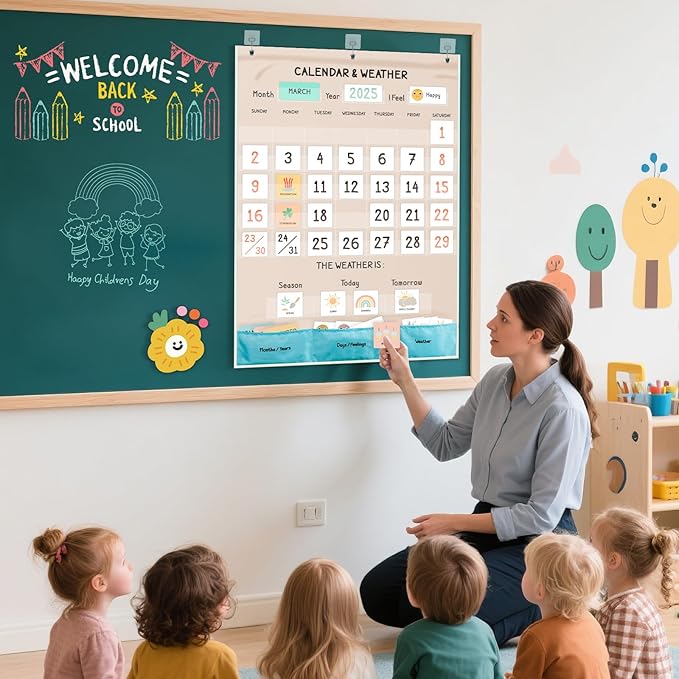 Classroom Boho Calendar & Weather Pocket Chart with 111 Cards, Circle Time Learning Center for Kids and Toddler, Preschool Must Haves!