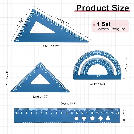 PATIKIL 4 Pcs Geometry Drafting Tool, Aluminum Alloy Geometry Kit Math Tool Includes 20cm L Ruler Protractor Triangles for Drafting Angle Measure Simple Science Experiment, Navy Blue