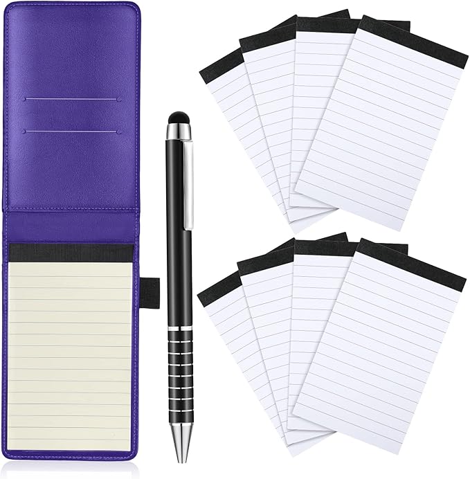Outus 10 Pcs Mini Pocket Notepad Holder Set Included Small Leather Pocket Notebook Holder with 50 Lined Sheets, Metal Pen, 8 Pcs 3 x 5 Inch Memo Book Refills, 30 Lined Paper Per Note Pad (Purple)