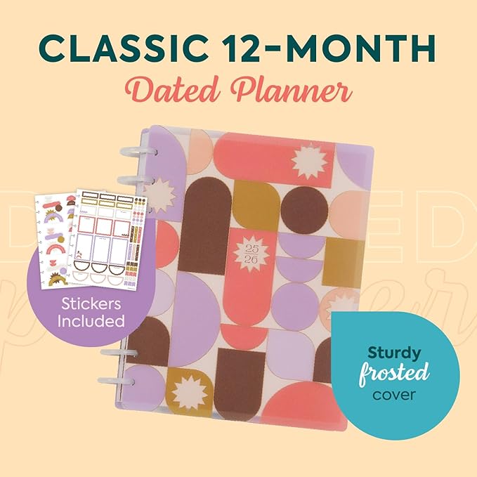Happy Planner Disc-Bound Academic Planner July 2025–June 2026, Includes 3 Extra Months and 2 Sticker Sheets, Classic Size, 7" x 9.25", Dashboard Layout, Stacked Geos