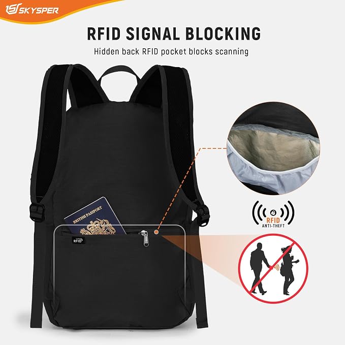 SKYSPER Small Packable Hiking Backpack 20L Anti-theift Travel Daypack | RFID Ultralight Foldable Walking Backpack with Water Bottle Holder, Nylon, Multi-compartment, Everyday Carry for Men Women