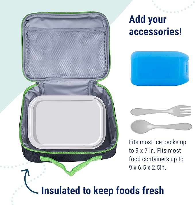 Wildkin Kids Insulated Lunch Box, Keeps Food Hot or Cold, BPA-Free with Mesh Pockets & Easy-Clean Lining – Ideal for School, Travel & Daycare – Rip-Stop Black/Green