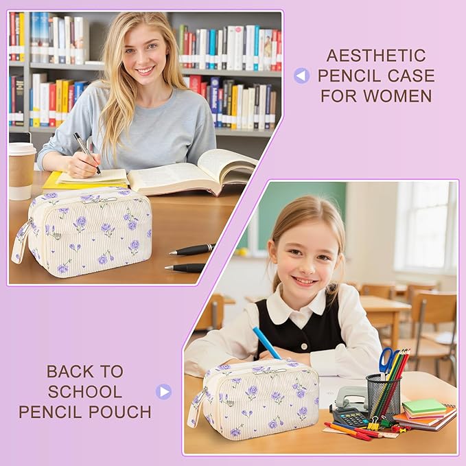 Large Pencil Pouch for Girls,Cute Corduroy Pencil Case Pouch Aesthetic Soft Pencil Bag for School, Zippered Pencil Organizer School Supplies for Teen Girls Women Gift (purple floral)