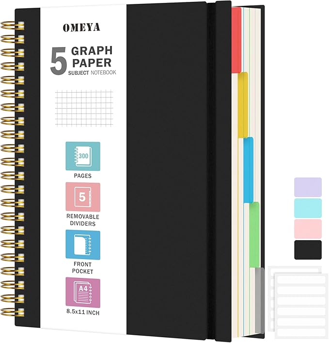 Graph Paper Notebook 8.5" X 11": 5 Subject Graphing Notebook with Removable Dividers, 300 Pages 100gsm Thick Spiral Grid Notebooks, 5x5 Graph Ruled Paper, Large A4 Math Journal for School Engineering