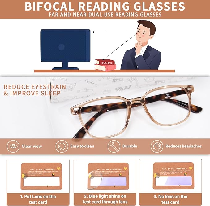 Bifocal Reading Glasses for Women, Blue Light Blocking Computer Readers with Spring Hinges, Retro Square Frame