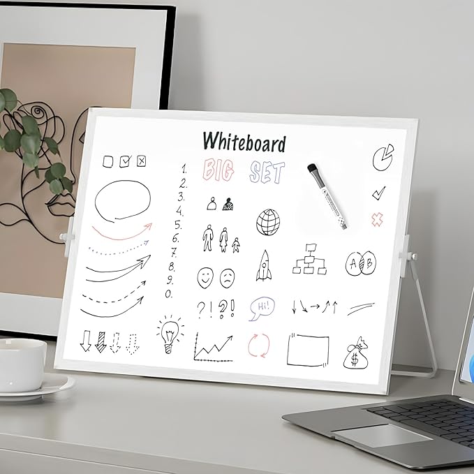 MaxGear White Board for Wall and Desktop Stand, 16" x 12" Large Double-Sided Dry Erase Board, 10 Markers, 6 Magnets, 1 Eraser, 1 Pen Clip, 1 Wall Nail, Portable Tabletop Whiteboard for Home, Office