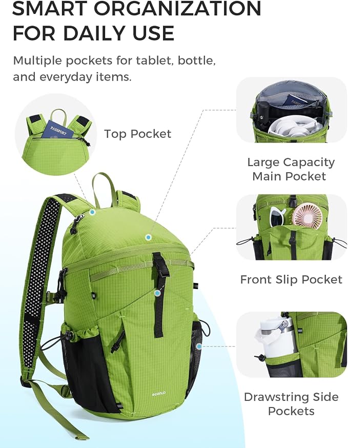 ECOHUB 15L Ultra-Lightweight Packable Backpack, Casual Daypack for Daily Use, Small Hiking & Travel, Foldable Backpack, Water-Resistant Nylon, Reflective Design