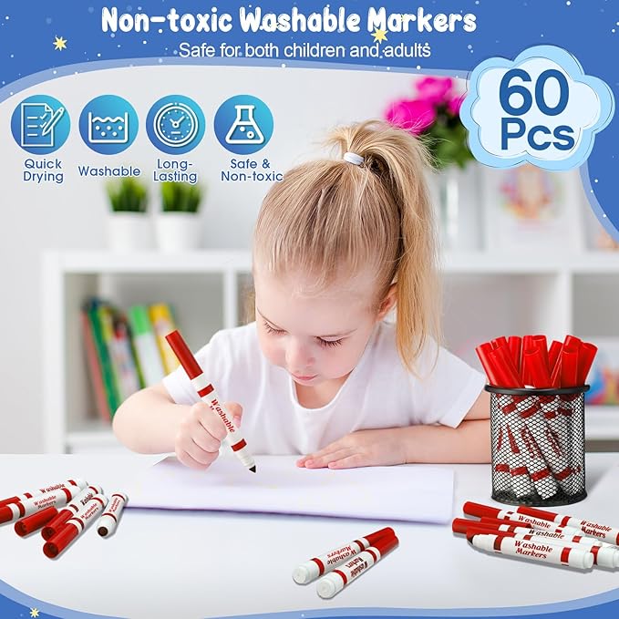 60 Pcs Red Washable Markers Bulk Coloring Broad Line Markers for Kids Conical Tip Red Drawing Pens for Classroom Back to School Travel Art Baby Shower Gender Reveal Supplies, Ages 6+