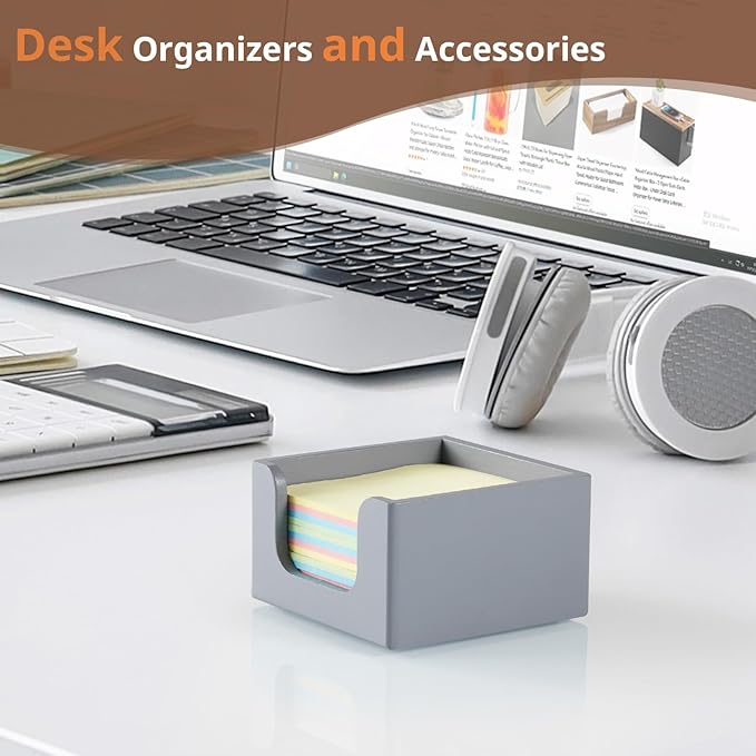Gray Sticky Note Holder, Wood Note Dispenser for Office Desk Accessories, Self Stick Note Pad Holder, Memo Pad Holder Dispenser Organizer for School Office Desk Supplies